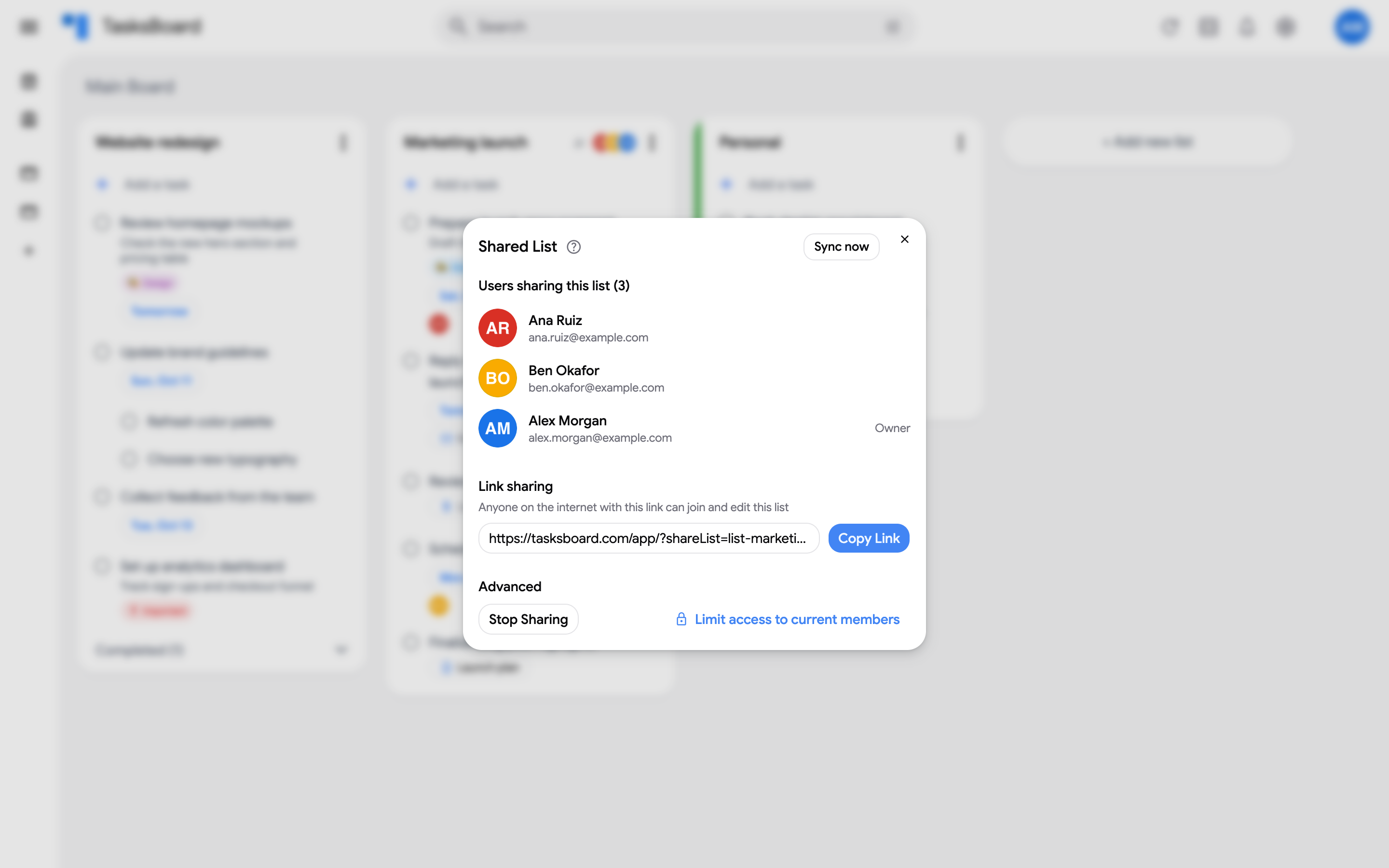 The Shared List dialog with the collaborators, the invite link and the Advanced section