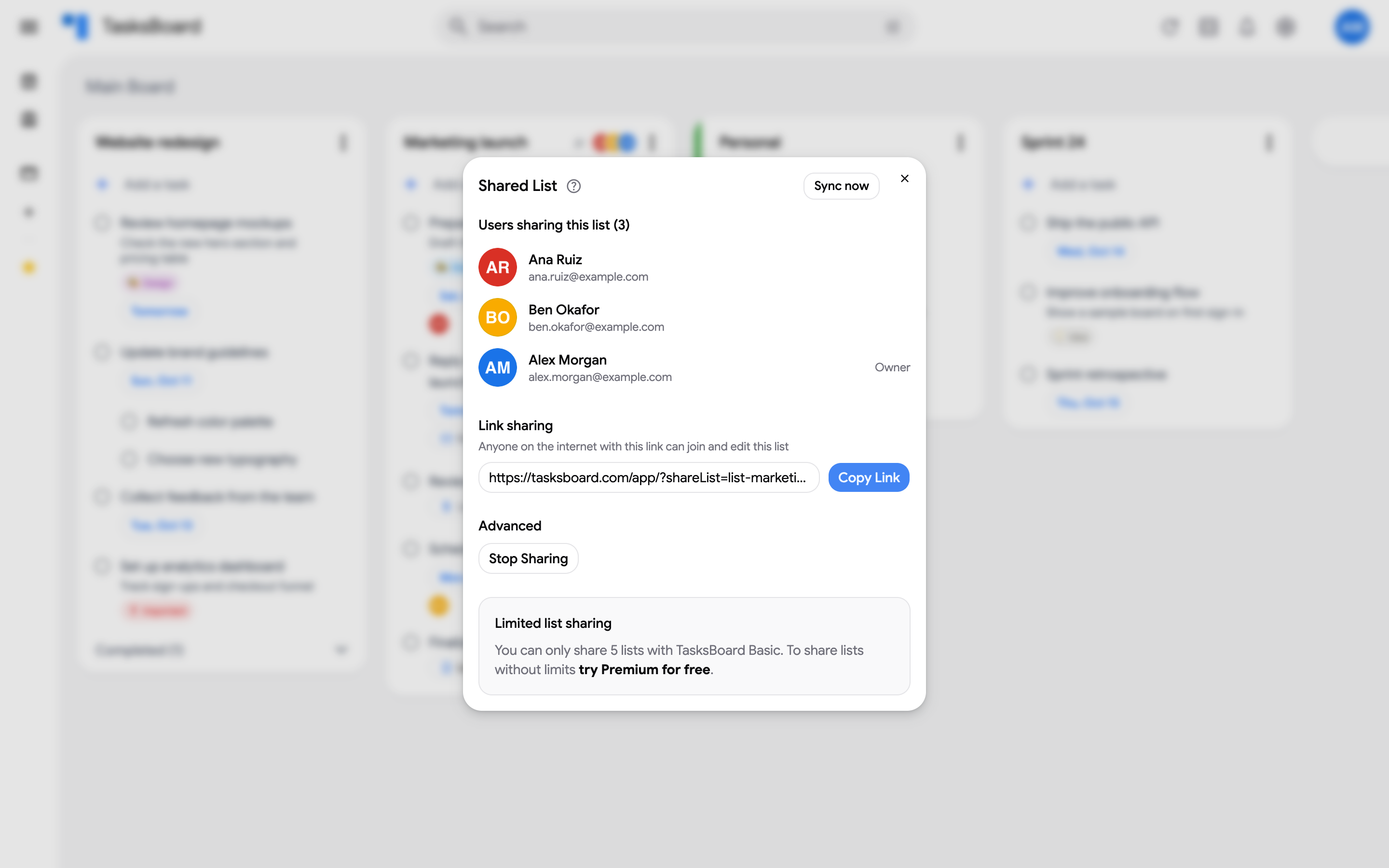 The Shared List dialog on a free account with the 5 shared lists notice