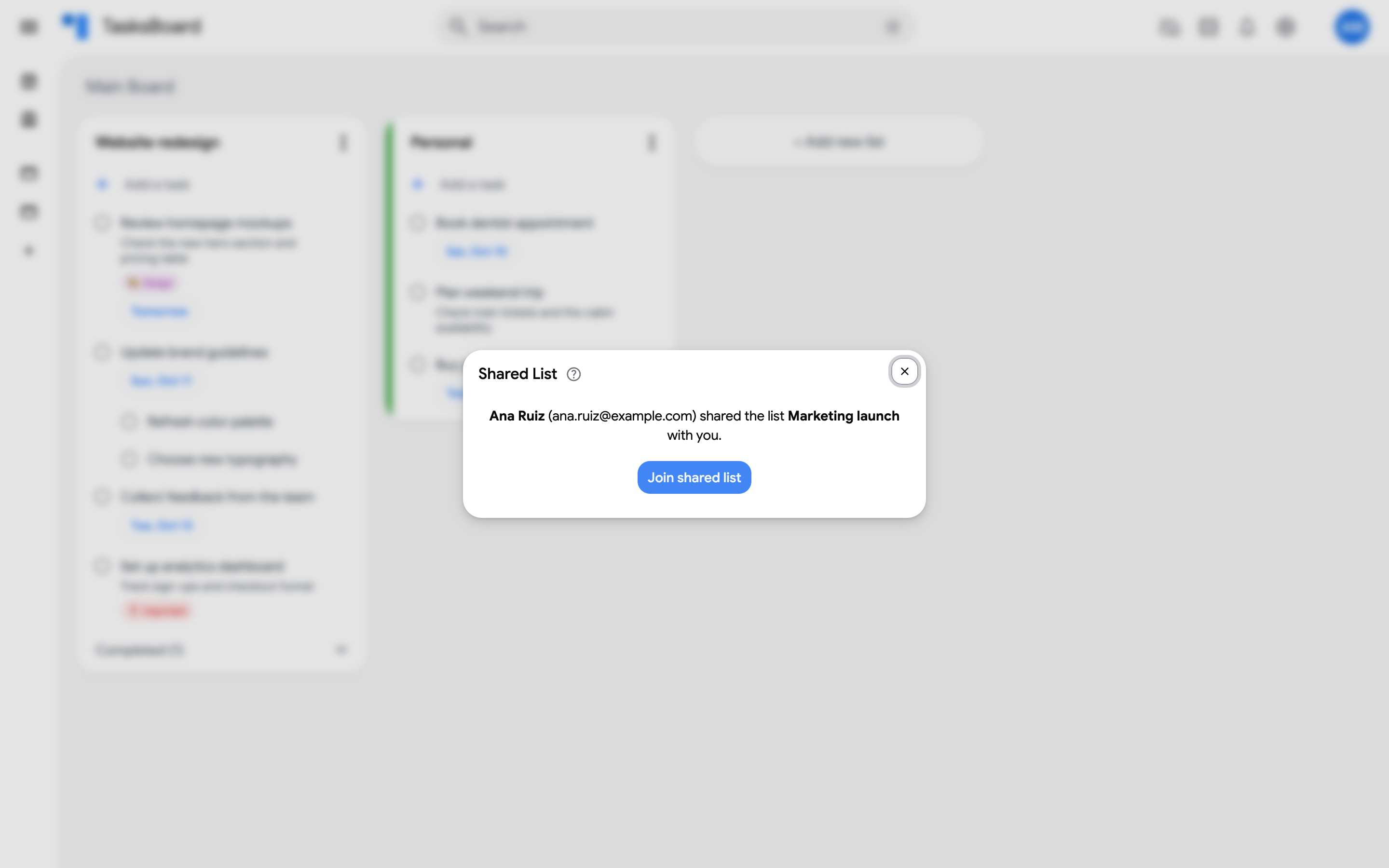 The invitation page showing who shared the list and the Join shared list button