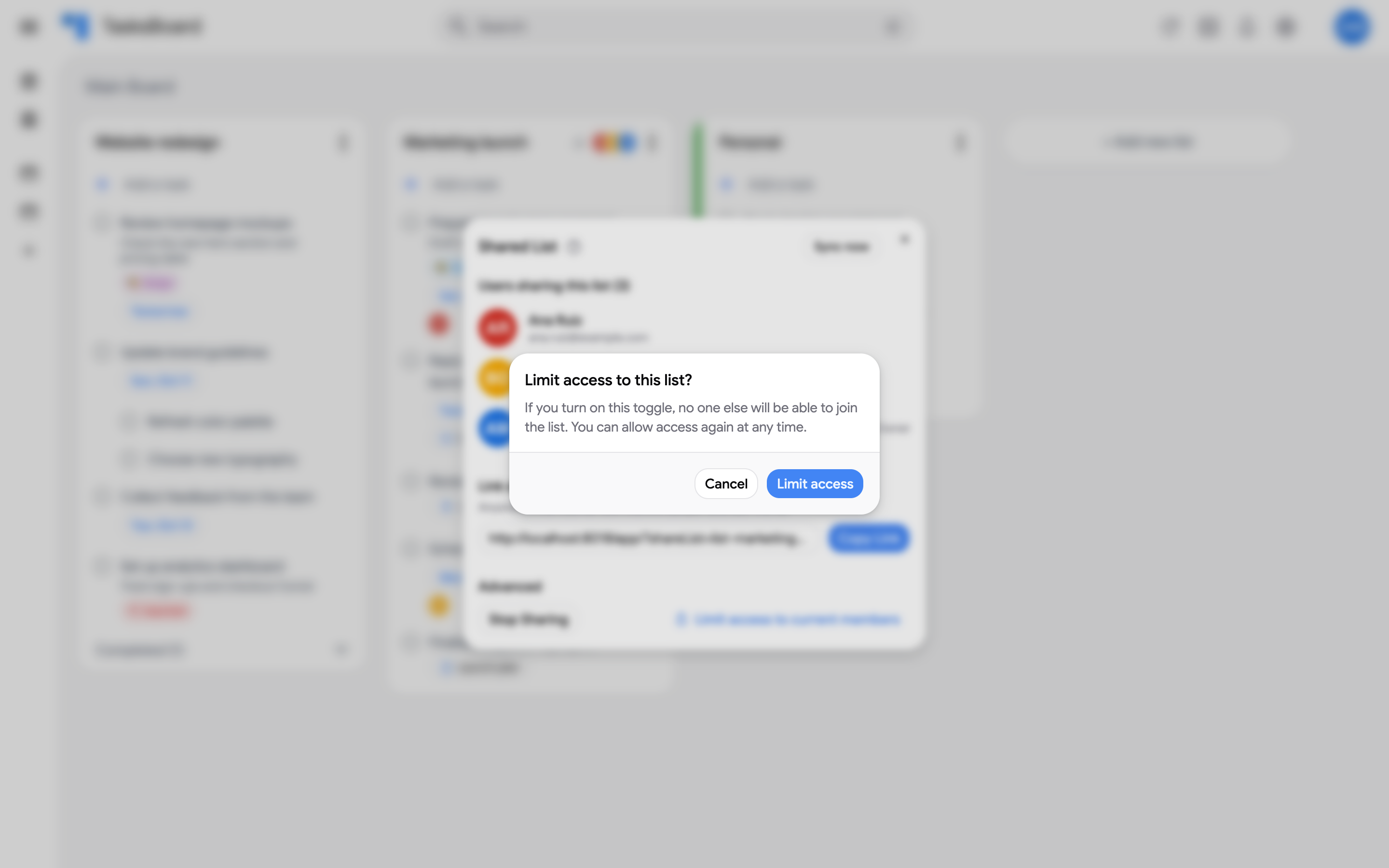 The confirmation shown when limiting a shared list to its current members