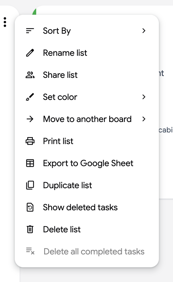 The list menu with the Share list entry