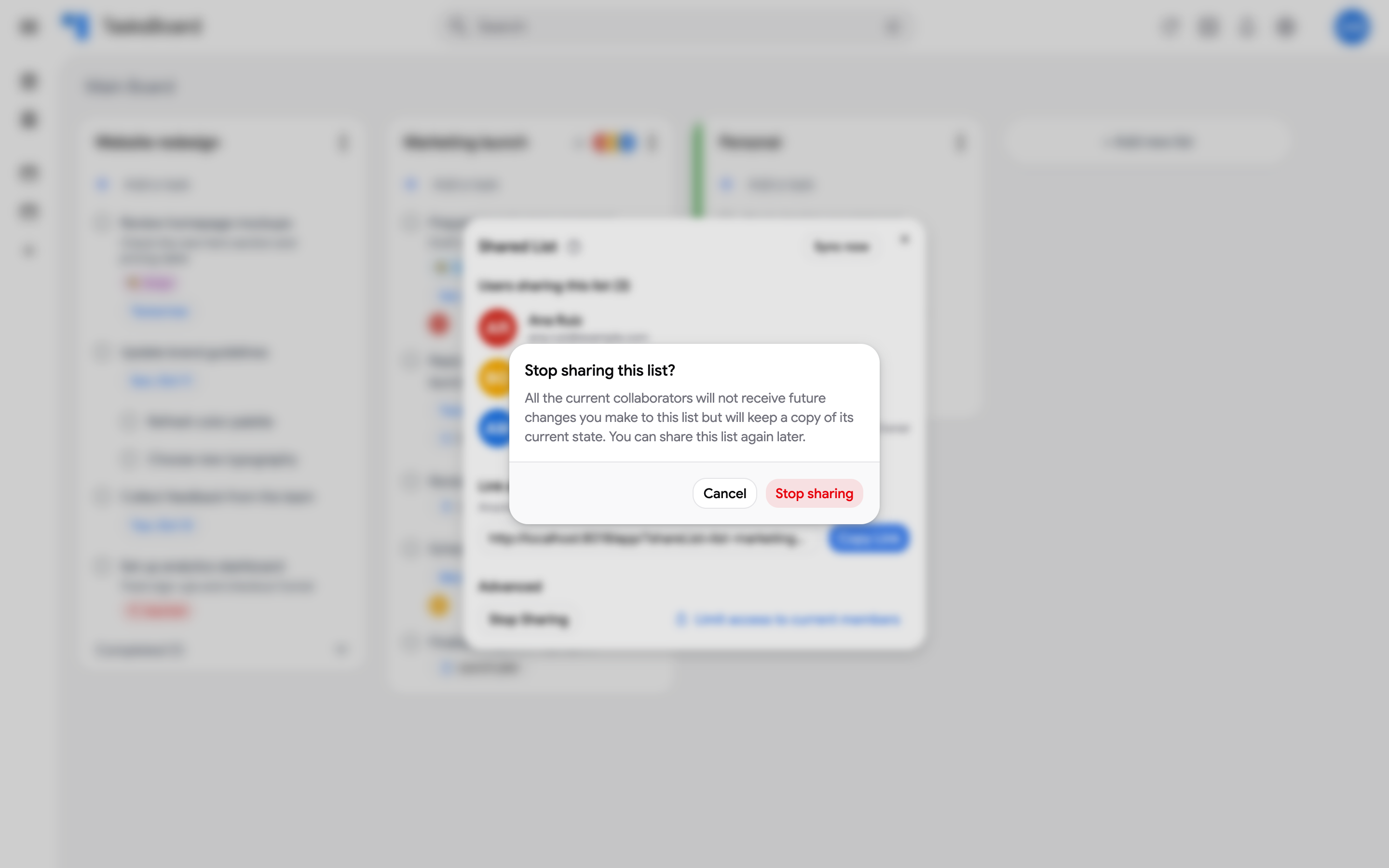 The Stop sharing confirmation of the Shared List dialog