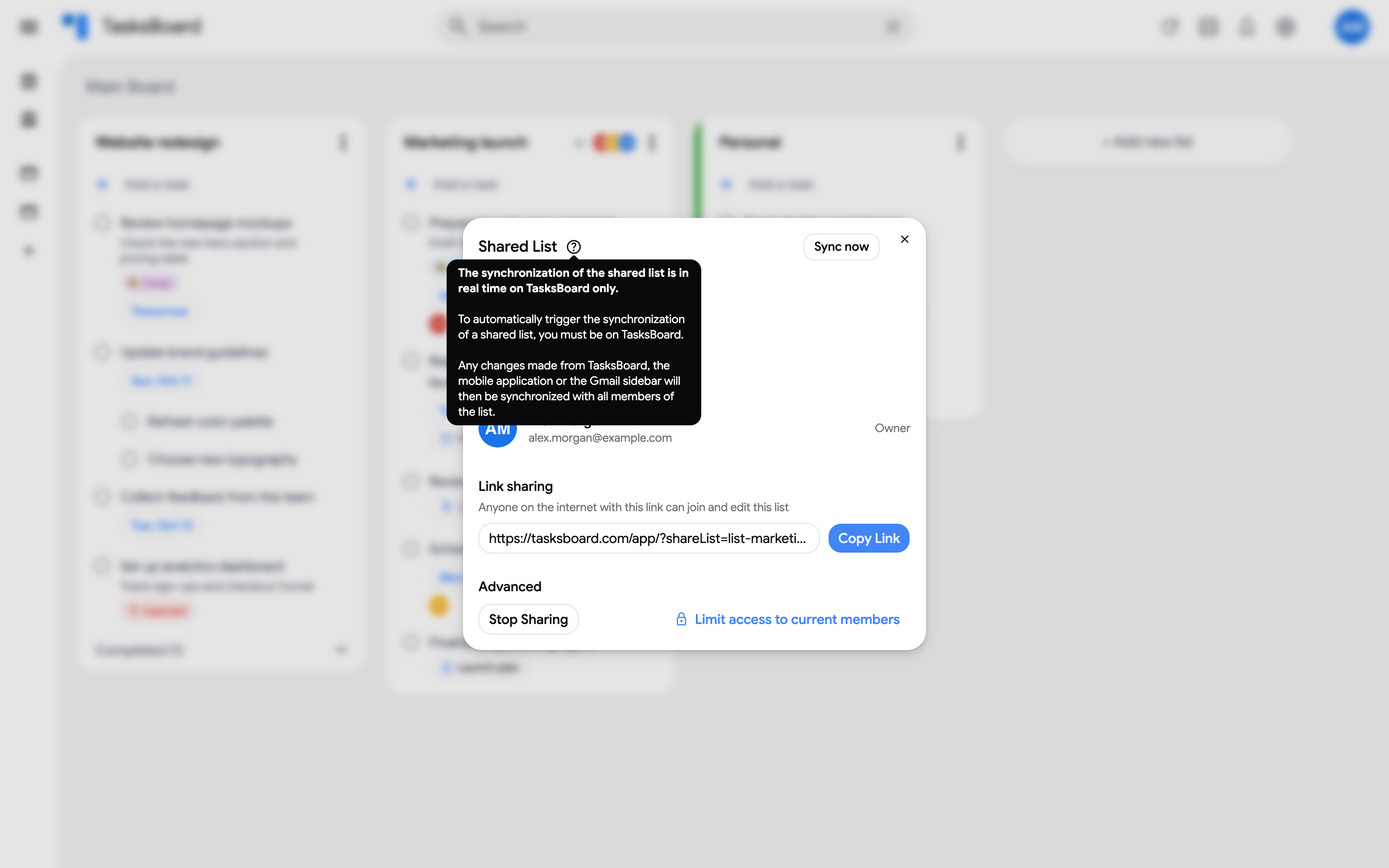 The help tooltip of the Shared List dialog explaining when shared lists sync