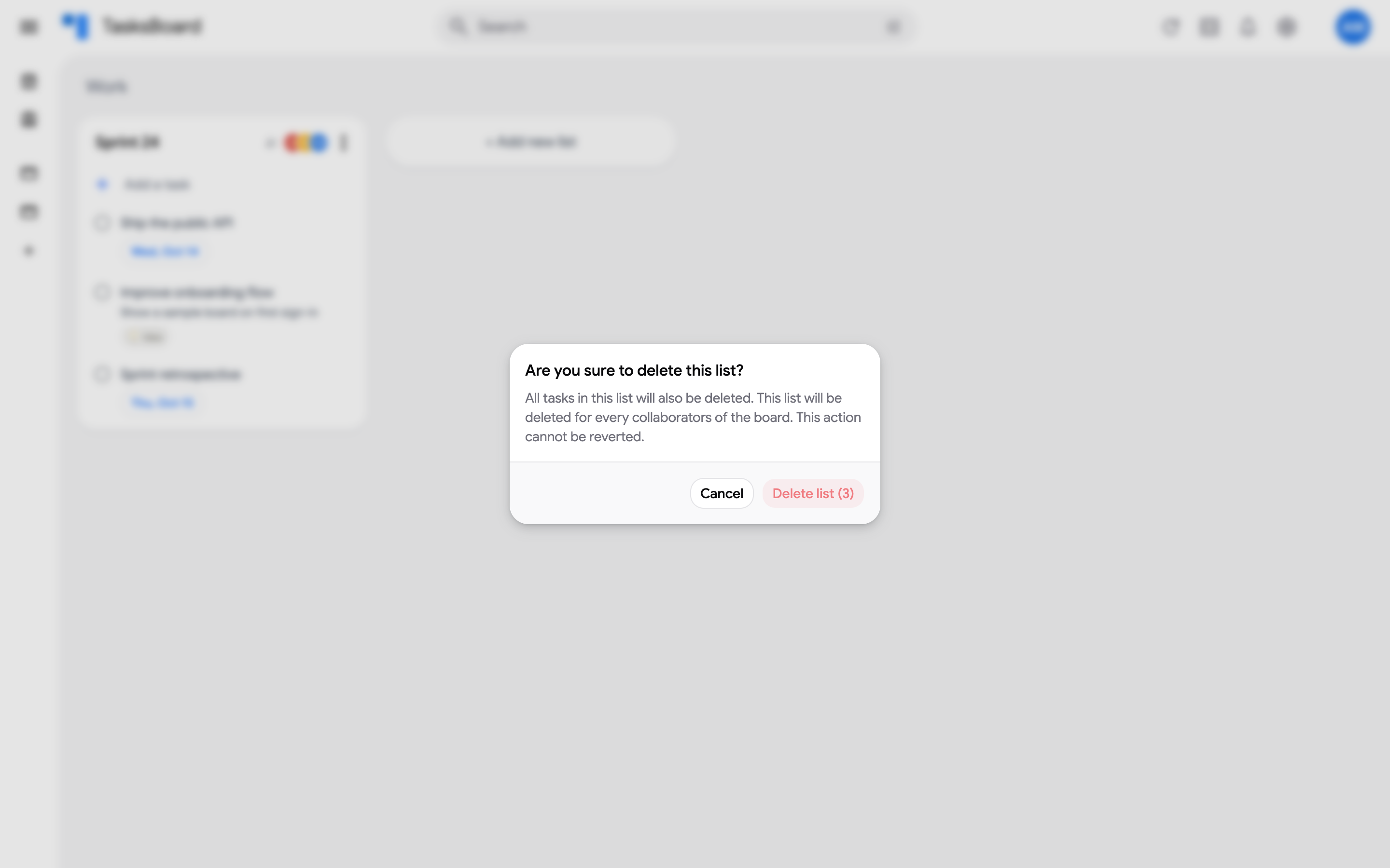 The delete confirmation of a list on a shared board, with the countdown