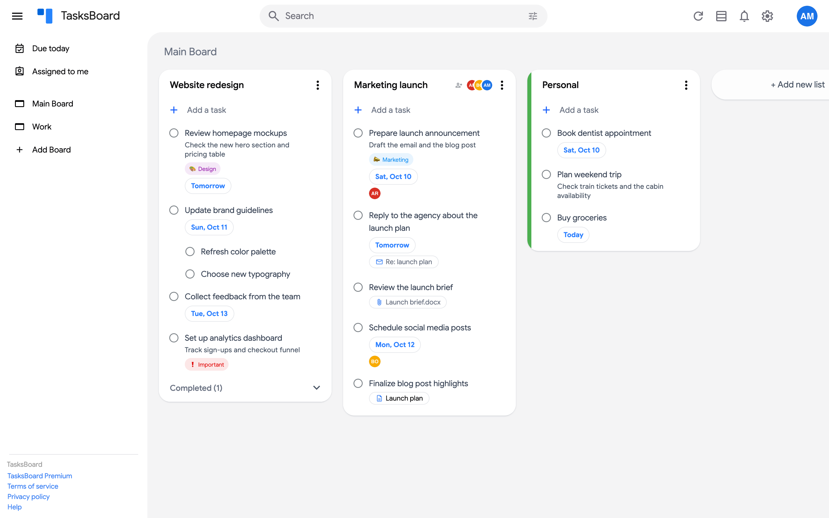 The sidebar expanded with the smart boards and the user's boards