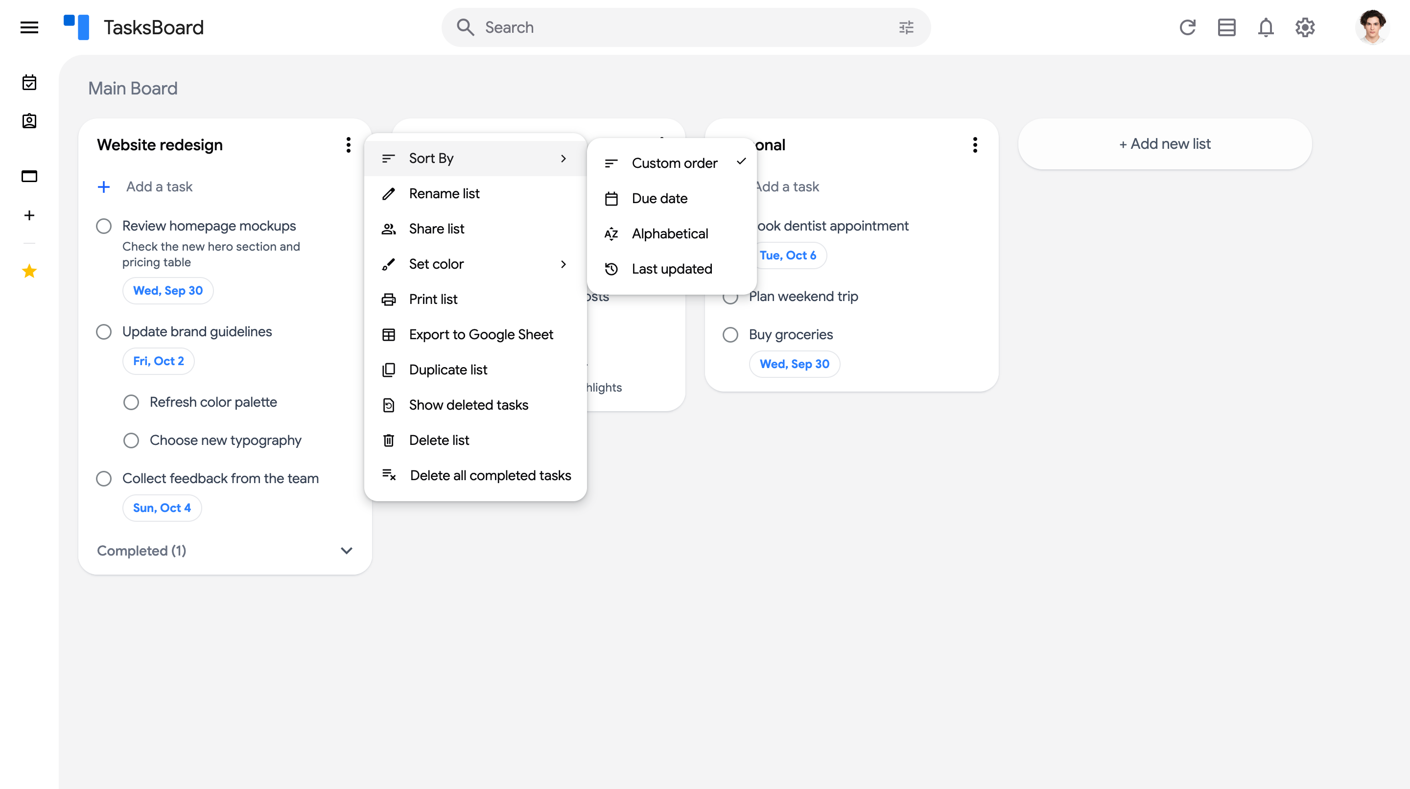 The list options menu with the "Sort By" submenu expanded
