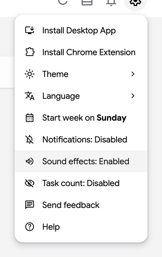 The settings menu with the Sound effects and Task count items