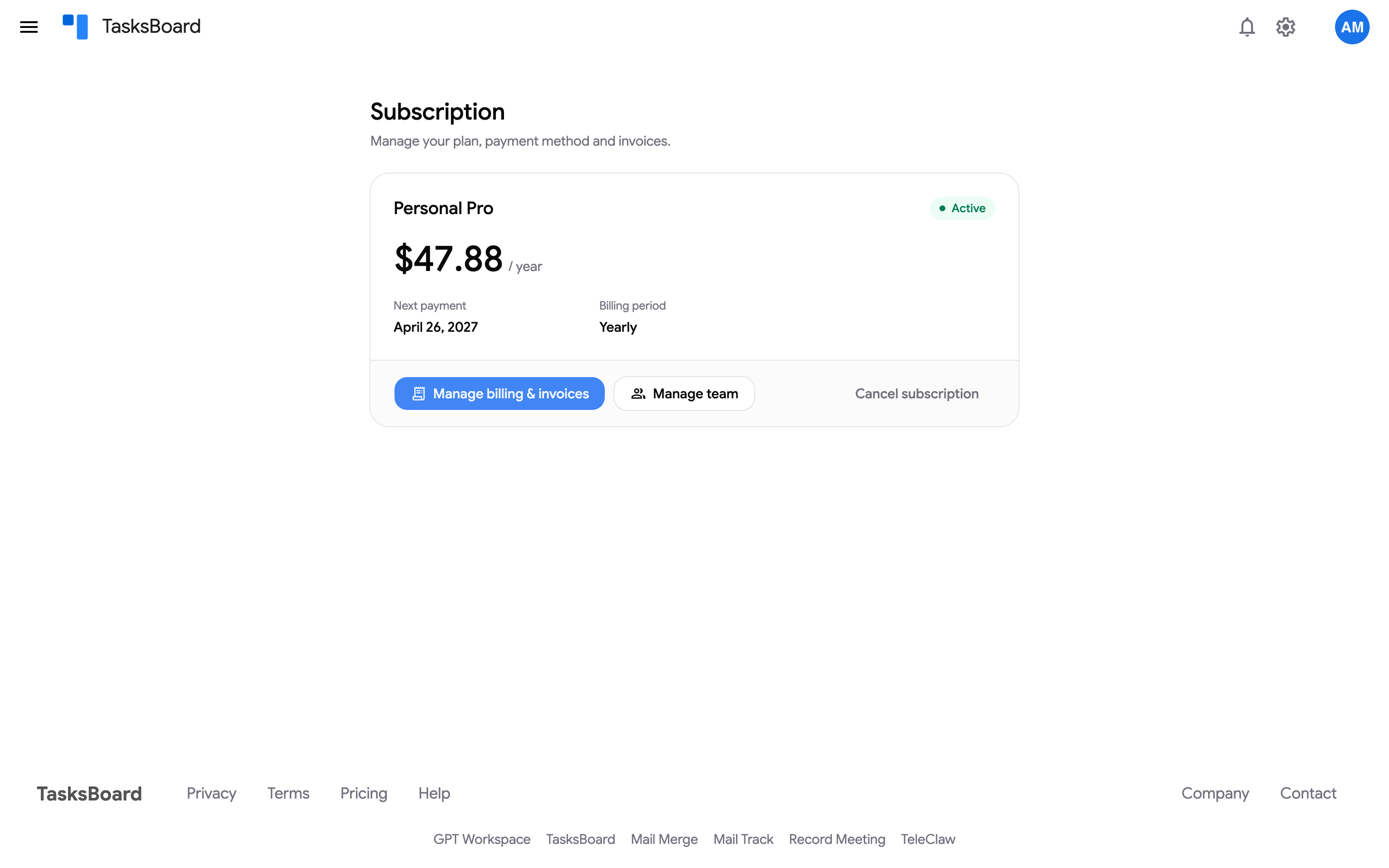 The Subscription page with the plan, next payment and the Cancel subscription button