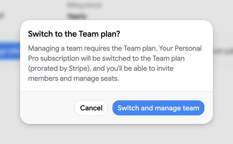 The Switch to the Team plan? confirmation dialog