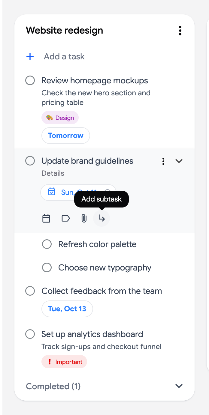 The Add subtask button in the editor of a task that already has two subtasks