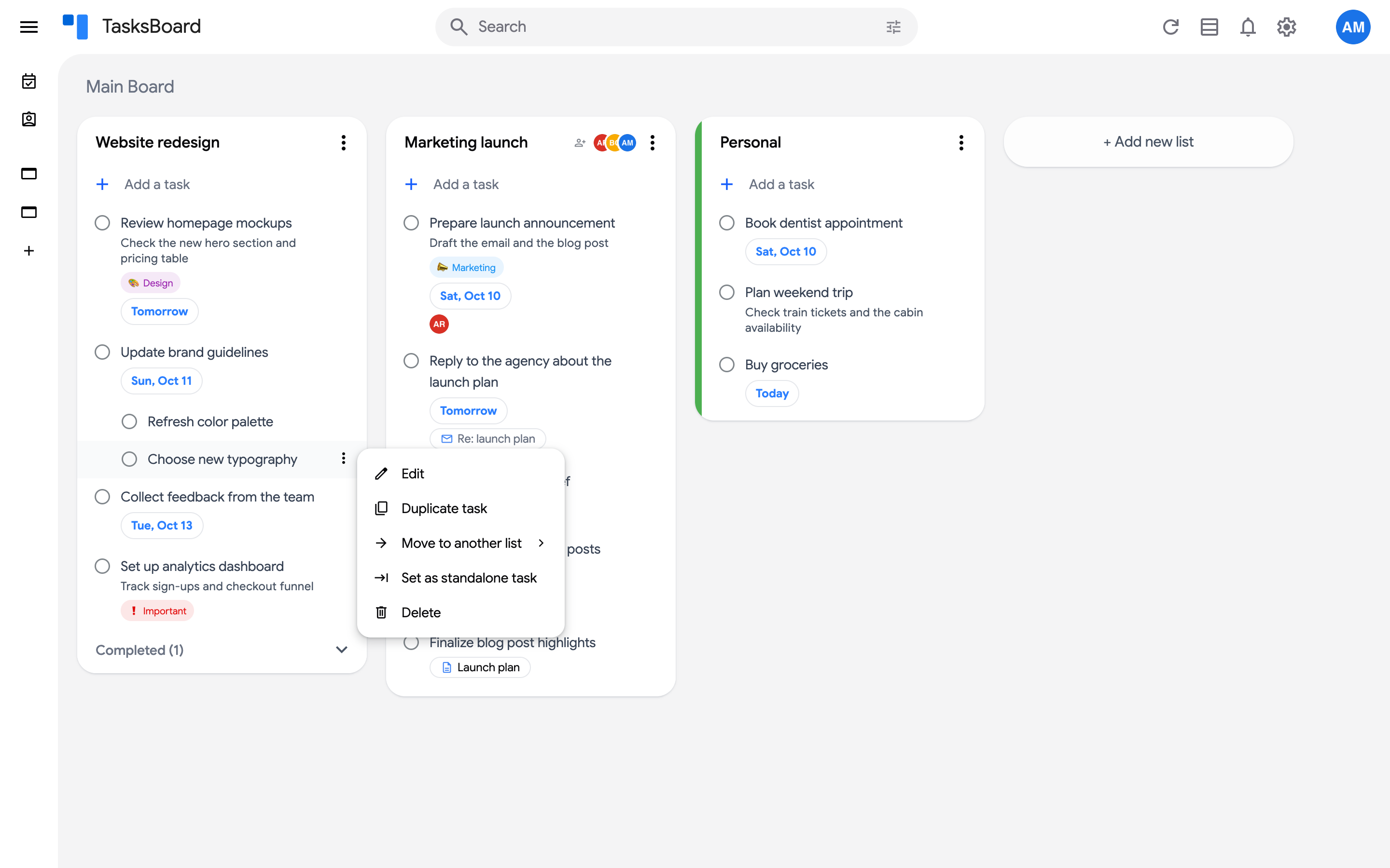 The menu of a subtask with the Set as standalone task option