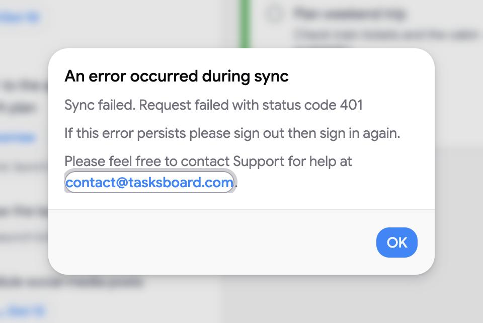 The sync error dialog with the error message and the OK button