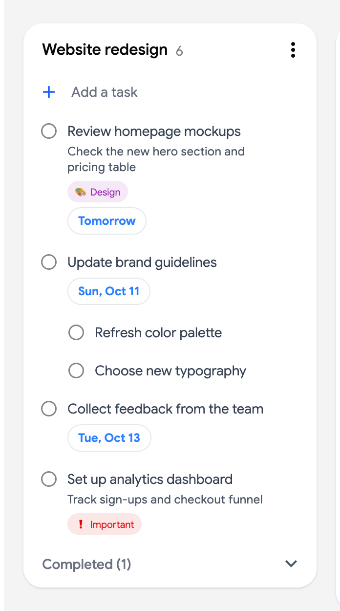 A list header showing the task count next to the list name