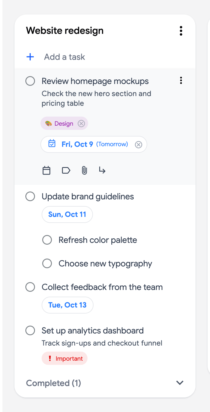 The task editor with a title, details, a label, a due date and the action buttons