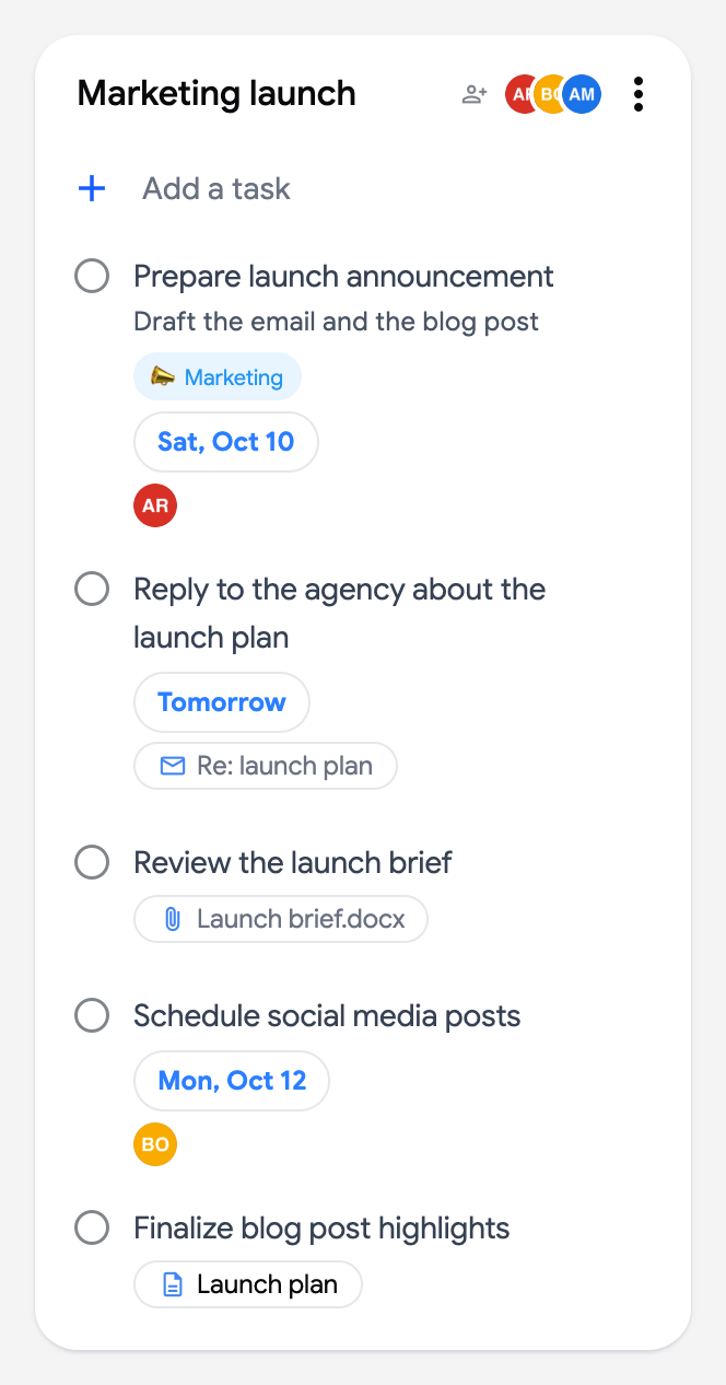 The Marketing launch list with an email chip, a Drive file chip and a Google Docs origin chip