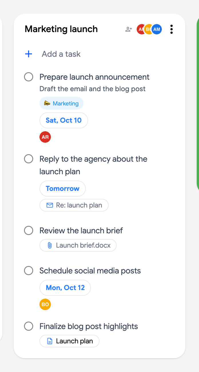 A task with a Re: launch plan email link and a task with a Launch plan document chip