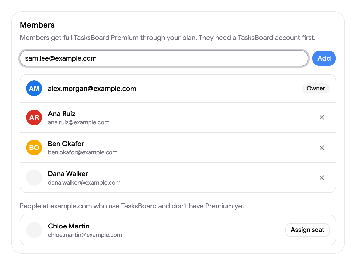 The Members card with a teammate's email typed in the invite field