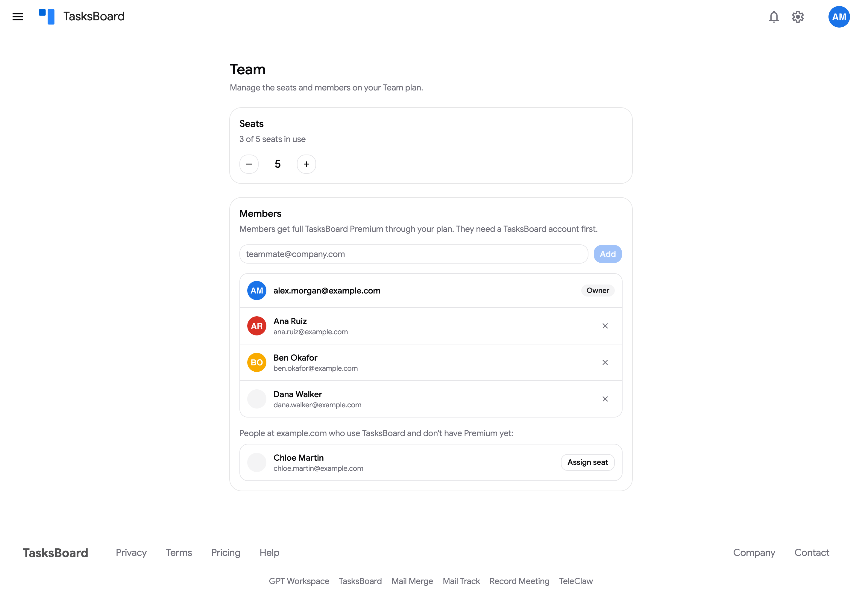 The Team page with the Seats card, the members list and the same-domain candidates
