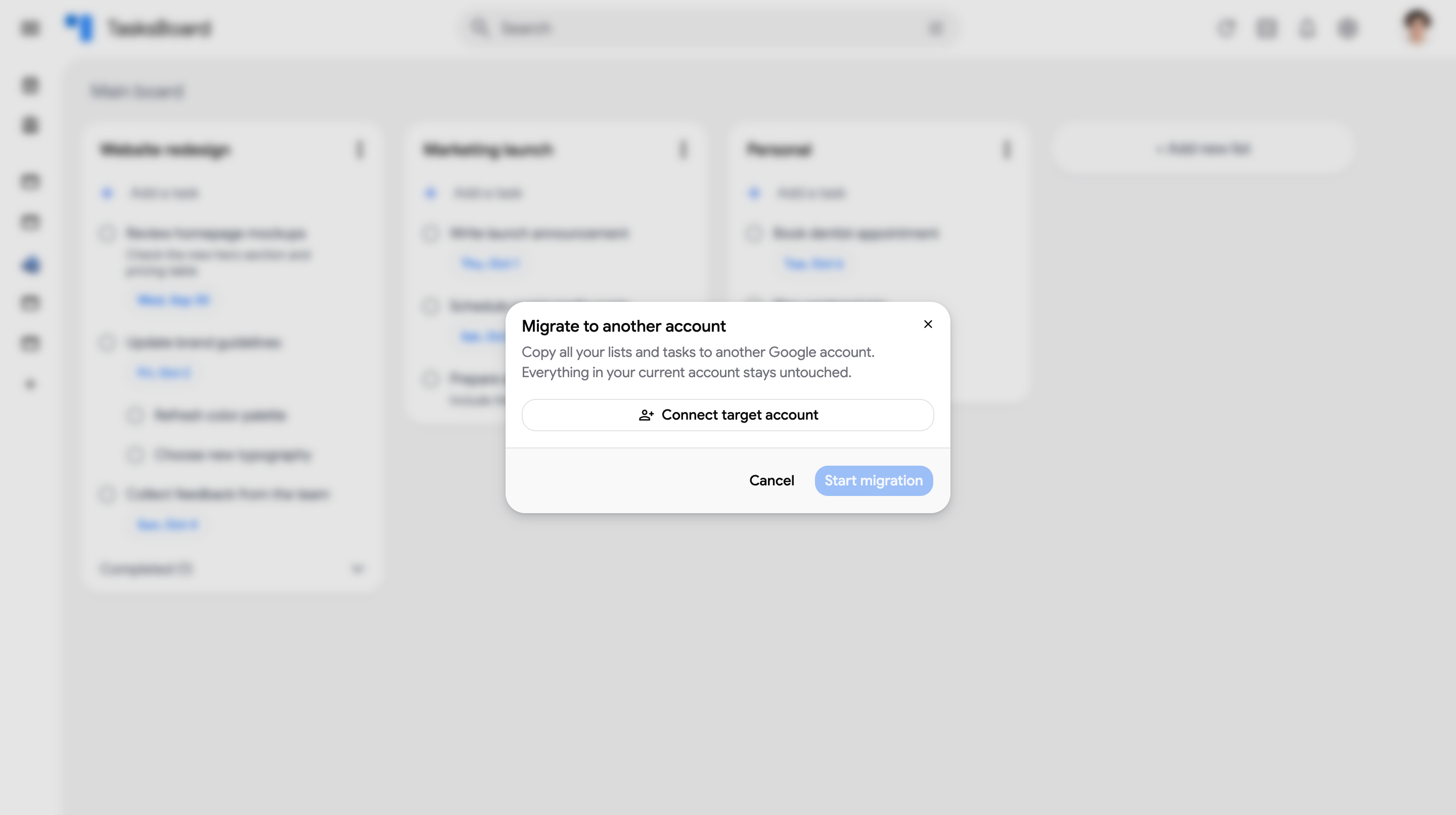 The "Migrate to another account" dialog with the "Connect target account" button