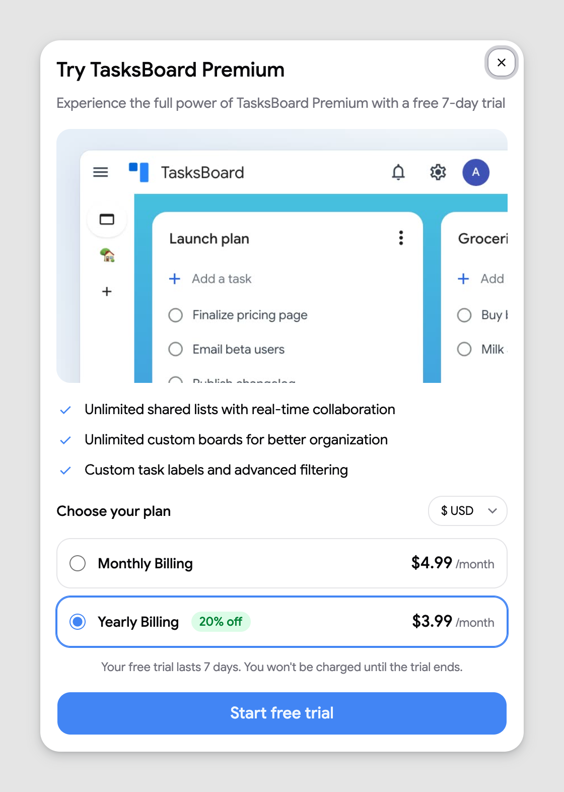 The Try TasksBoard Premium dialog with the monthly / yearly choice and Start free trial