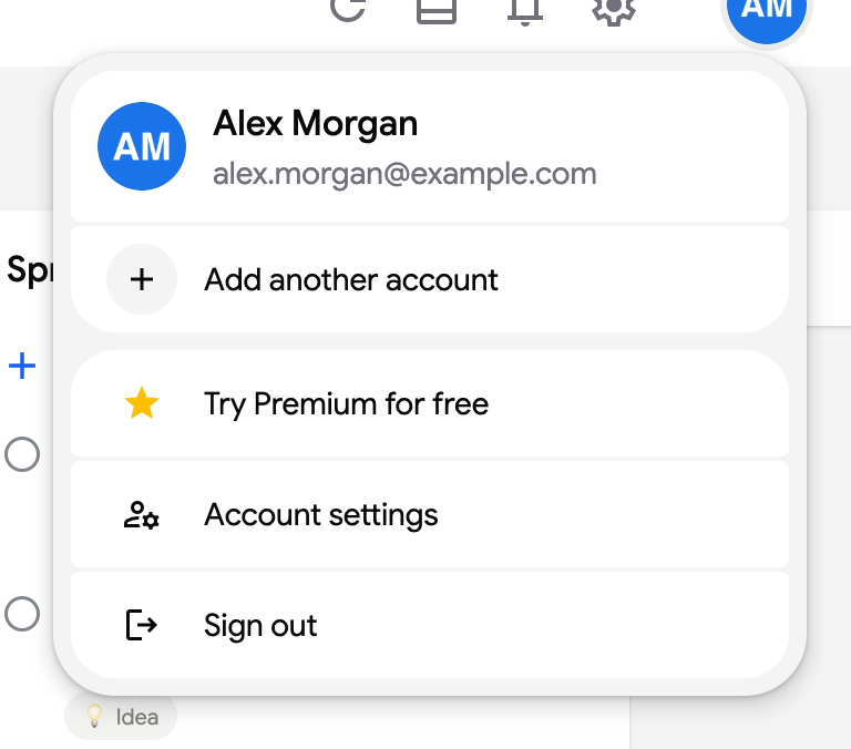 The avatar menu of a free account with the Try Premium for free item
