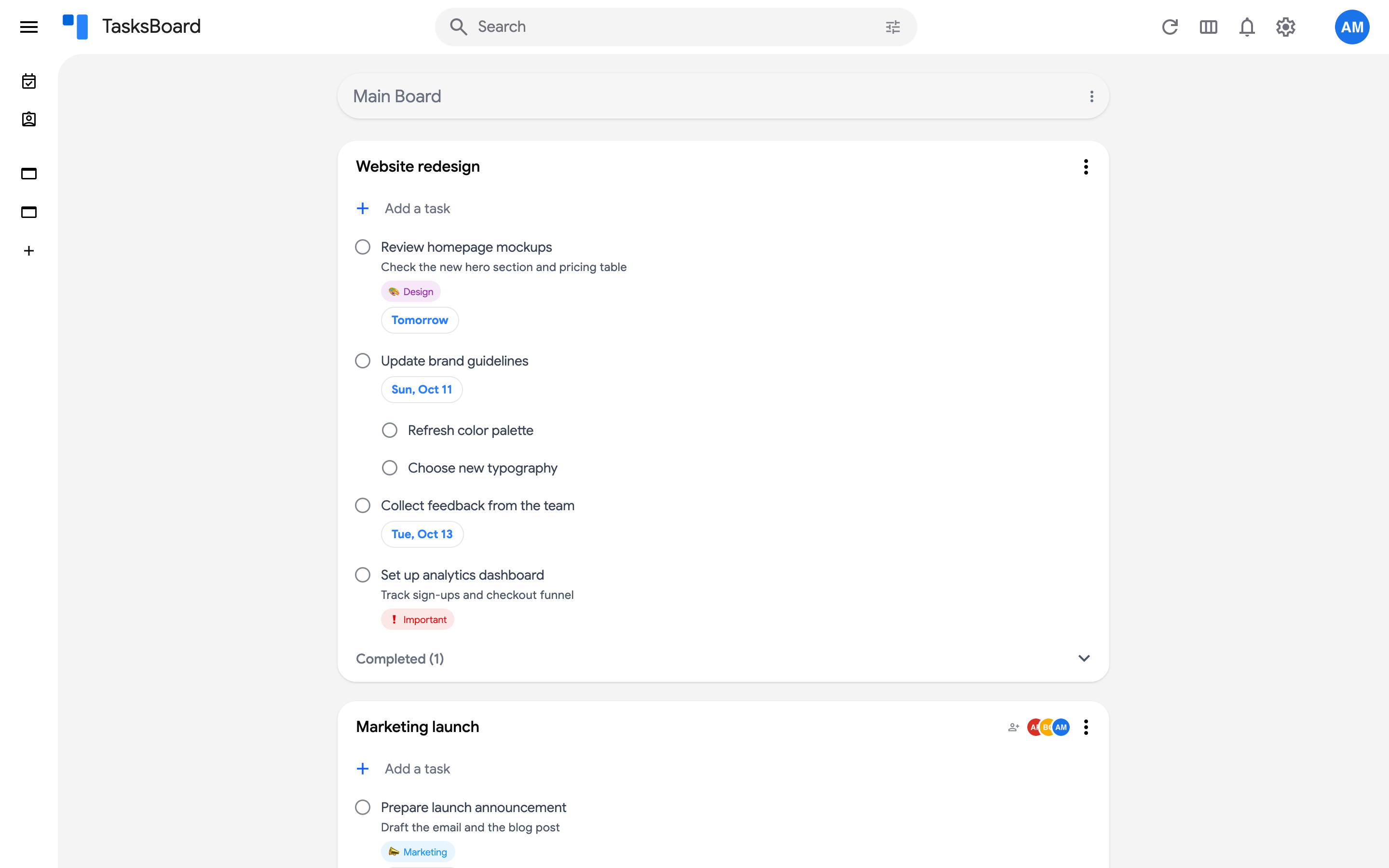 The board in vertical view with lists stacked