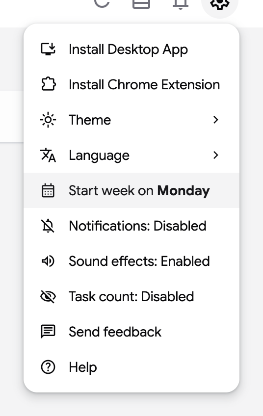 The settings menu after a click on Start week on, now reading Monday